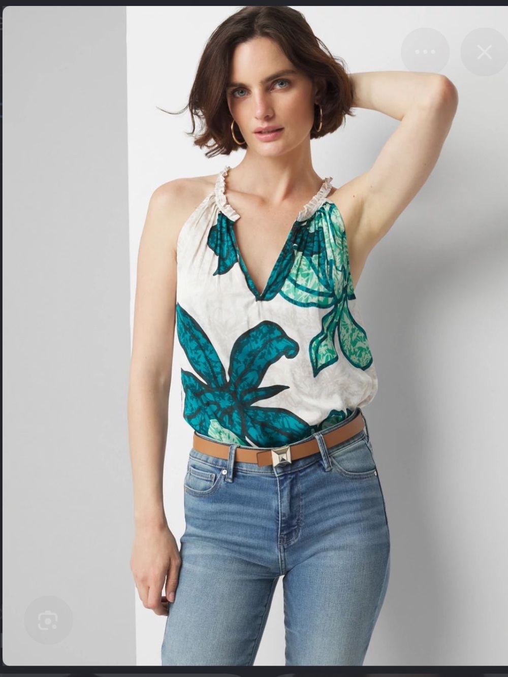 NWT White House Black Market Green/White Floral Printed Pleated Tank Top Size 8